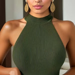 Elegant Green Off-Shoulder Knit Tank Top - Sleeveless, High Neck, Polyester Lining, Perfect for Spring & Fall, Beachwear|Minimalist Fashion|Smooth Texture
