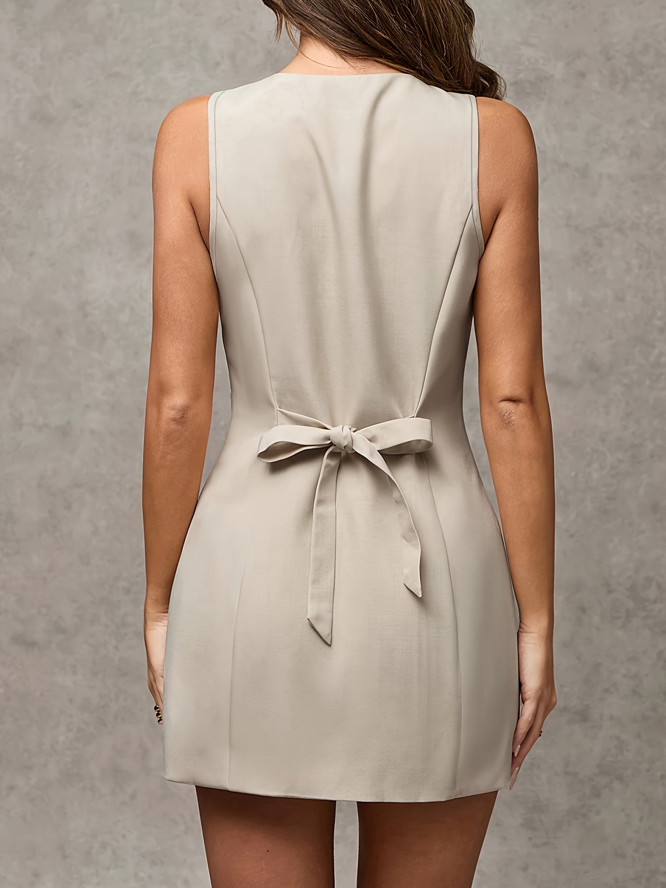Women'S Chic Sleeveless Beige Commuter Dress with Button Detail - Bodycon, Summer Style, Perfect for Adult, Casual Dressing | Sleeveless Fashion | Buttoned Detail