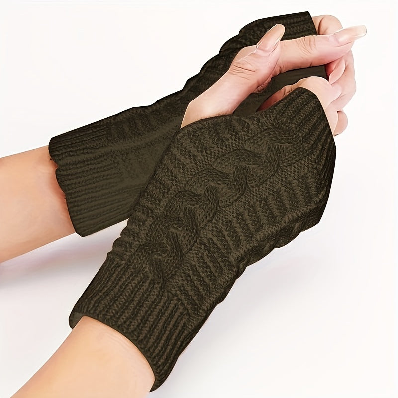 Women'S Cable Knit Fingerless Mittens, Polyester, Solid Color, Elastic, Non-Feathered, with Hand Washable, for Outdoor Warmth, Fashionable Winter Hand Warmers