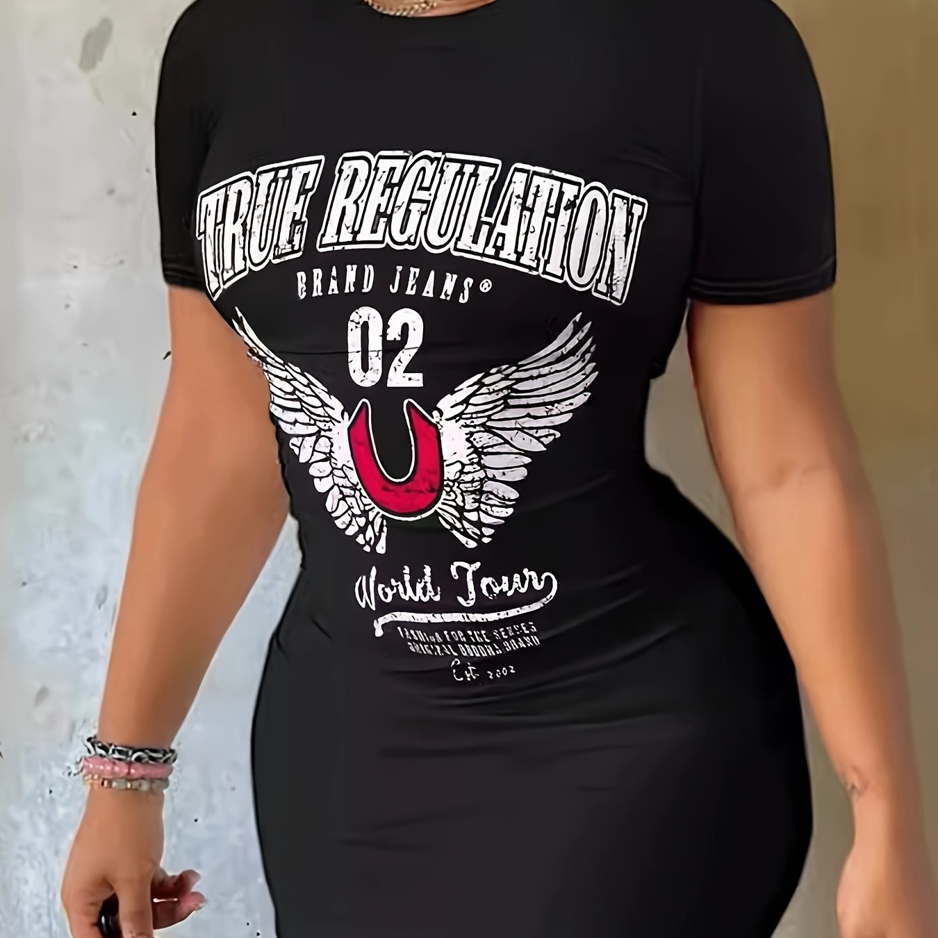Women'S Summer Bodycon Dress, Casual Crew Neck, 95% Polyester 5% Elastane Knit Fabric, 200g/m², Printed Design, Short Sleeve, Slim Fit - Black