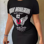 Women'S Summer Bodycon Dress, Casual Crew Neck, 95% Polyester 5% Elastane Knit Fabric, 200g/m², Printed Design, Short Sleeve, Slim Fit - Black