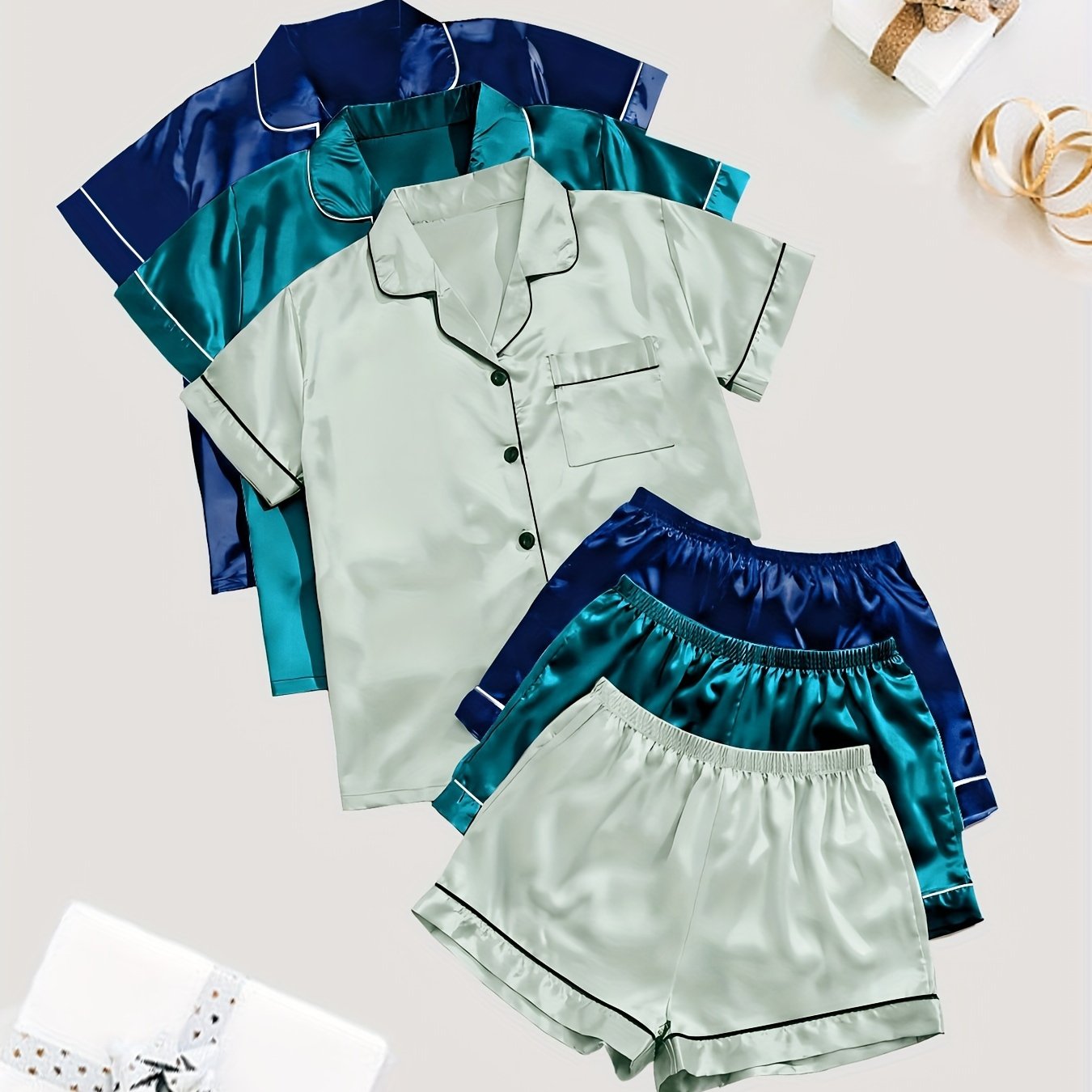 3 Sets Solid Satin Pajama Set, Casual Short Sleeve Buttons Lapel Top & Elastic Shorts, Women's Sleepwear