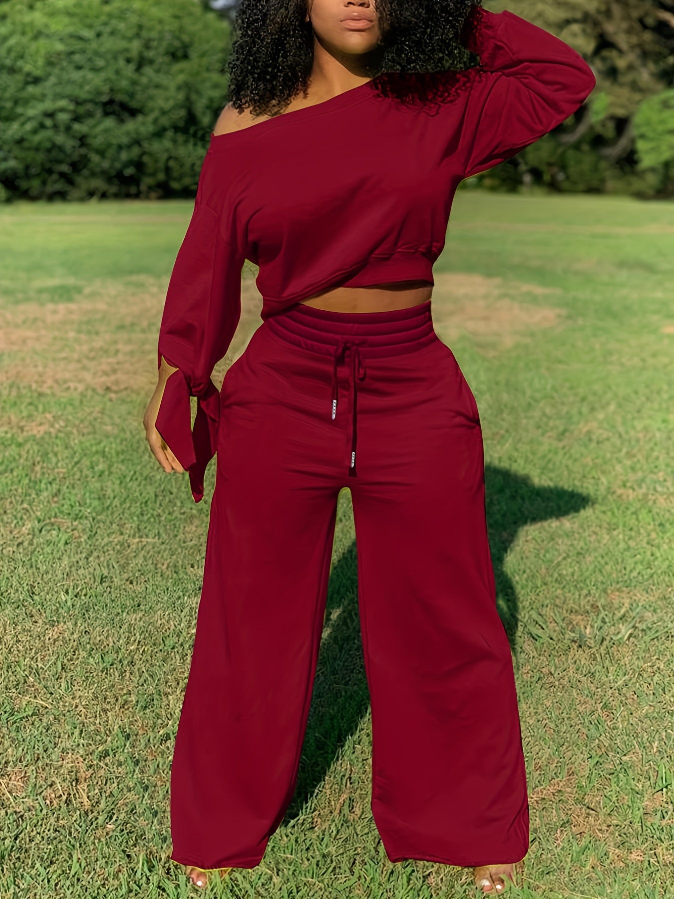 1set Women'S Solid Color Asymmetrical Sleeve Sweatshirt and Pants Set, Casual Crew Neck Polyester Knit Fabric, All-Season Lounge Wear
