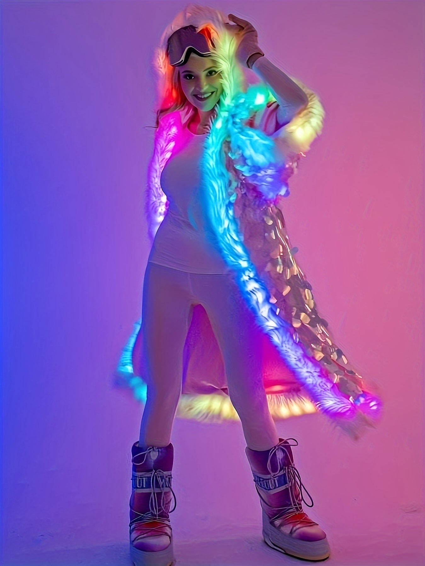 Women's LED Sequin Faux Fur Coat - Long Hooded Festival & Cosplay Outfit, USB-Powered, Flare Sleeves, Mermaid Tail Design, Vibrant Pink to Blue Gradient (Batteries Not Included), Cosplay Costume | Sequin Embellished | LED Lit