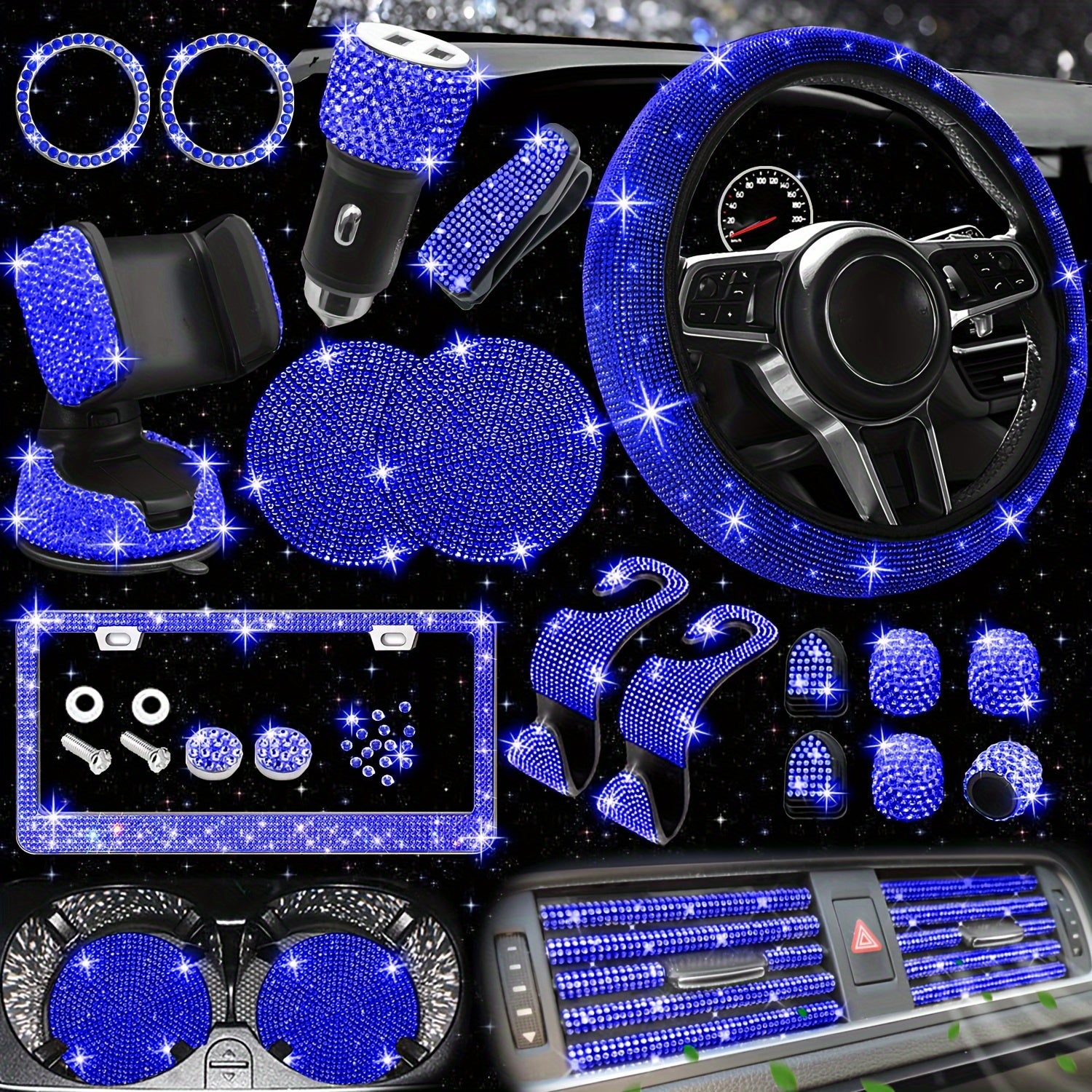 [Diamond Steering Wheel Cover] Artificial Diamond Steering Wheel Cover and Coaster Set - Car Decoration