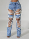 Straight Leg Jeans For Women Mid-Rise Distressed Ripped Hole Pearl Chain Denim Pants