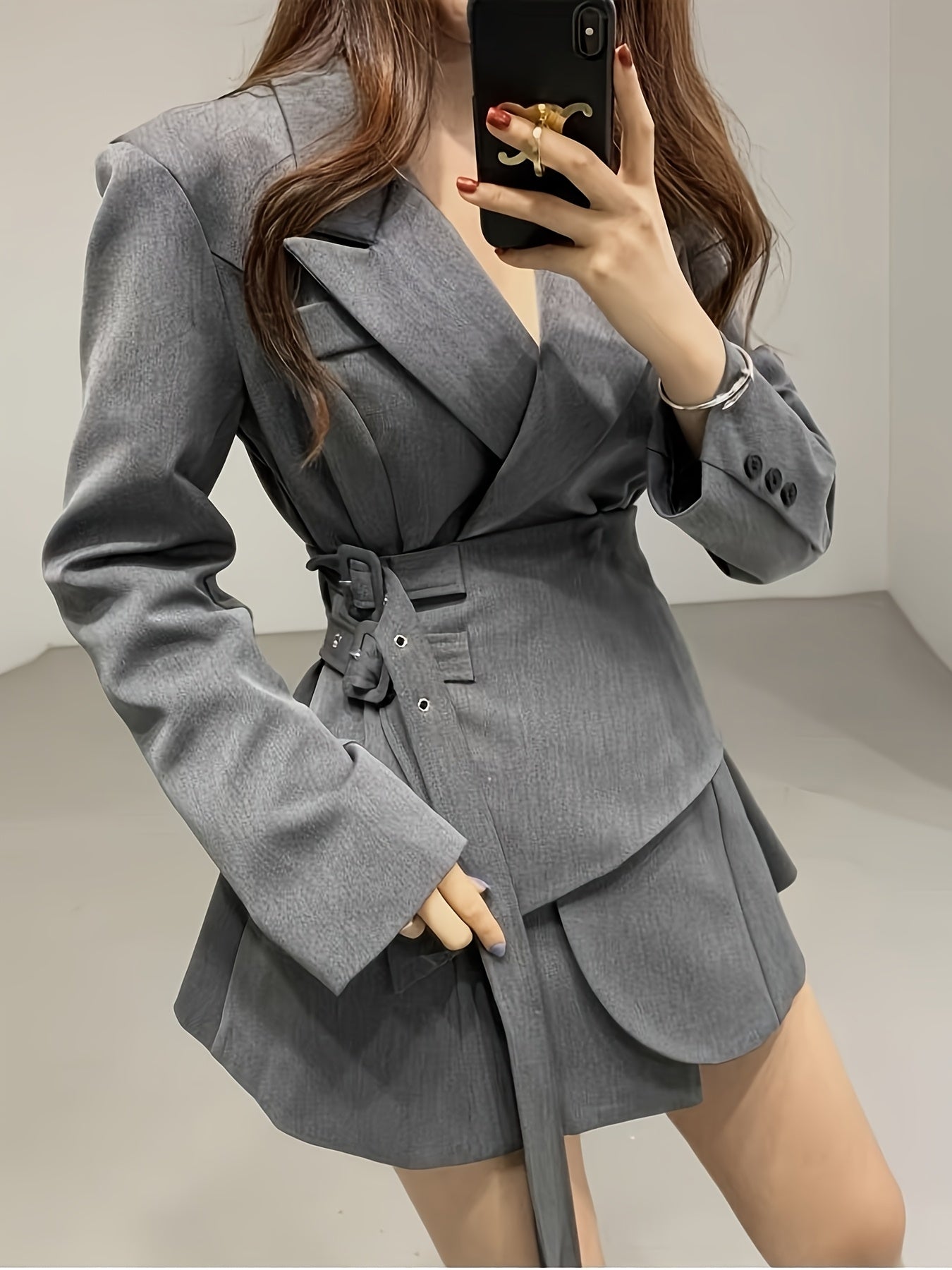 Women'S Elegant Double-Breasted Blazer with Adjustable Double Belt - Chic Notched Lapel, Long Sleeve, Polyester, Perfect for Spring & Fall, Casual Attire|Chic Notched Collar|Polyester Blaze