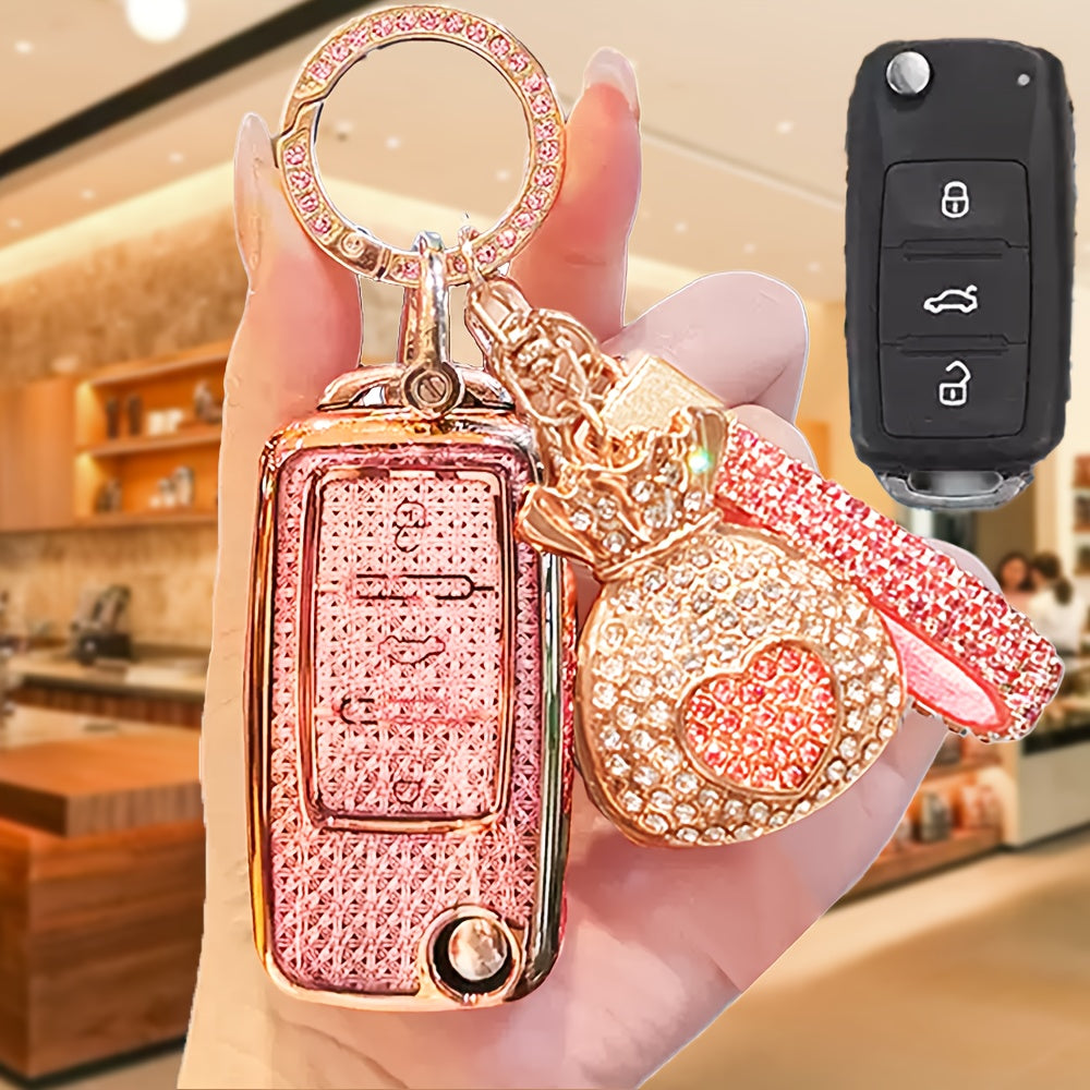 For Volkswagen TPU Car Key Fob Cover with Diamond Pattern, Special Buckle Design, Includes Rhinestone Keychain & Heart-Shaped Charm, Compatible with Sprint Boraie Lavida Golf Polo Models