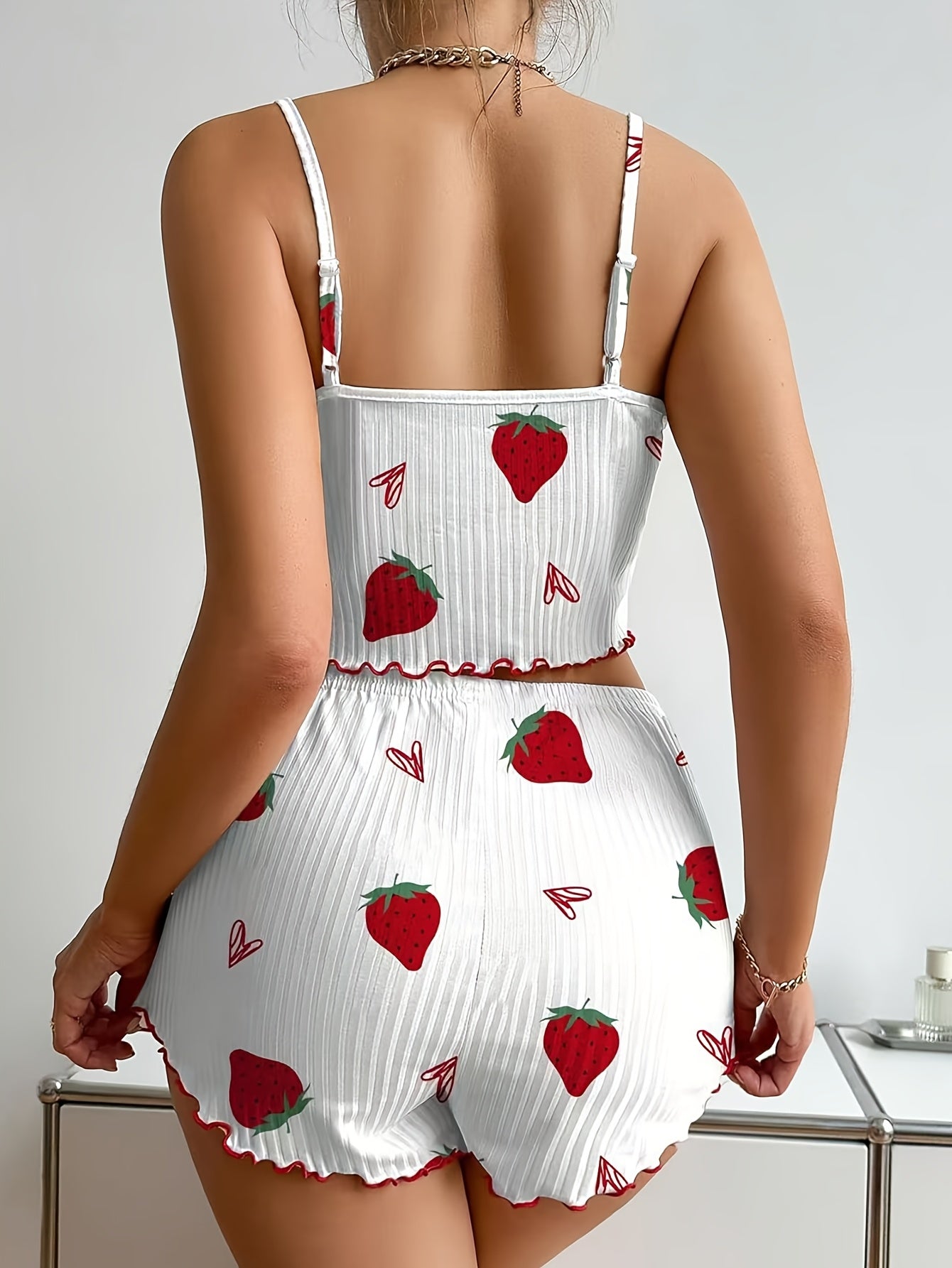Charming Women's Heart Print Cami & Shorts Set – Cute Red & White Summer Knit Outfit with Bow Detail, Stretchy Polyester Blend