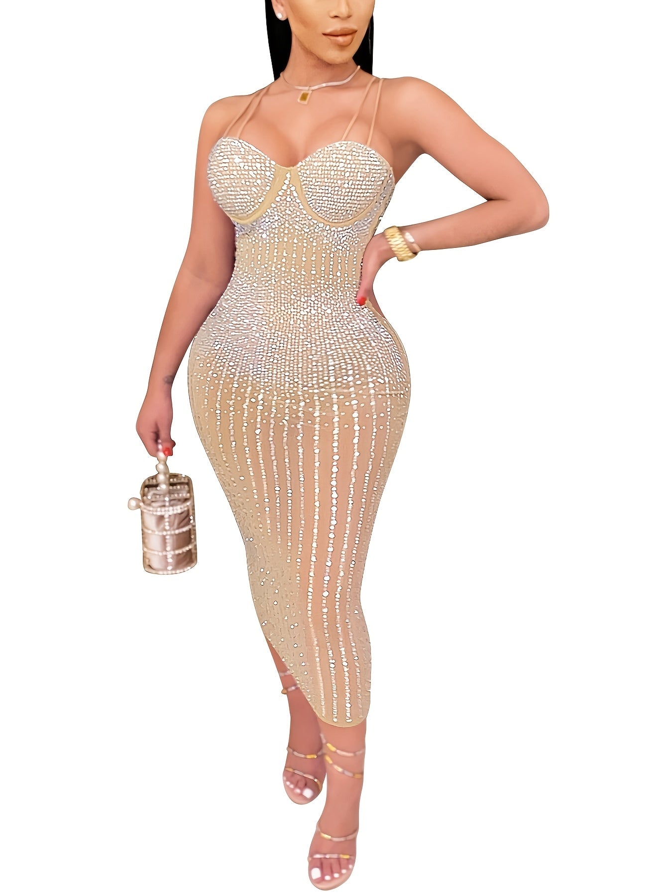Elegant Off-Shoulder Rhinestone Halter Women'S Bodycon Dress - Sexy Mesh See-Through Long Sleeve Dress for Summer, Party, and Formal Events, Evening Event Attire | Halter Neck Dress | See-Through Mesh Fabric