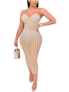 Elegant Off-Shoulder Rhinestone Halter Women'S Bodycon Dress - Sexy Mesh See-Through Long Sleeve Dress for Summer, Party, and Formal Events, Evening Event Attire | Halter Neck Dress | See-Through Mesh Fabric