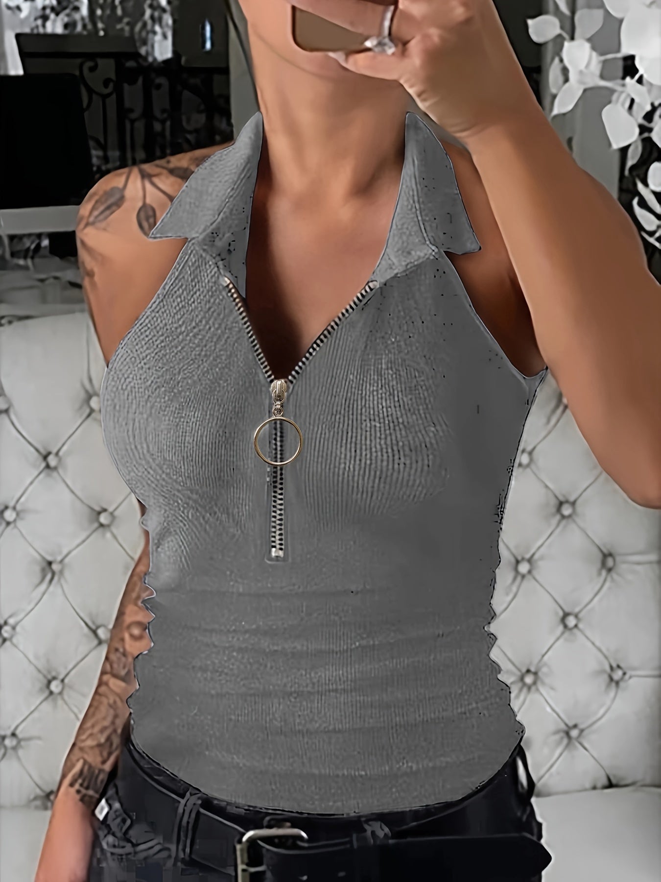 Sexy Ribbed Half Zip Up Tank Top - Sleeveless Summer Essential with Comfortable Fit, Breathable Fabric, and Flattering Design - Women's Clothing for Warm Weather