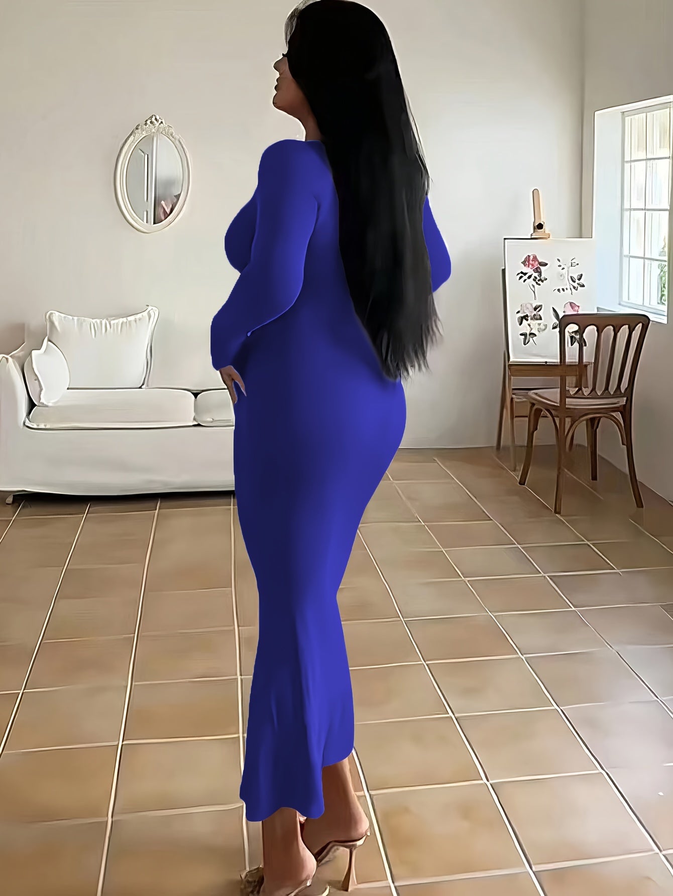 [Sexy Autumn Dress] Ultra-Long Women's Autumn Dress - Form-Fitting, A-Line Silhouette, Long Sleeves, Square Neckline, And a Sexy, Tailored Fit