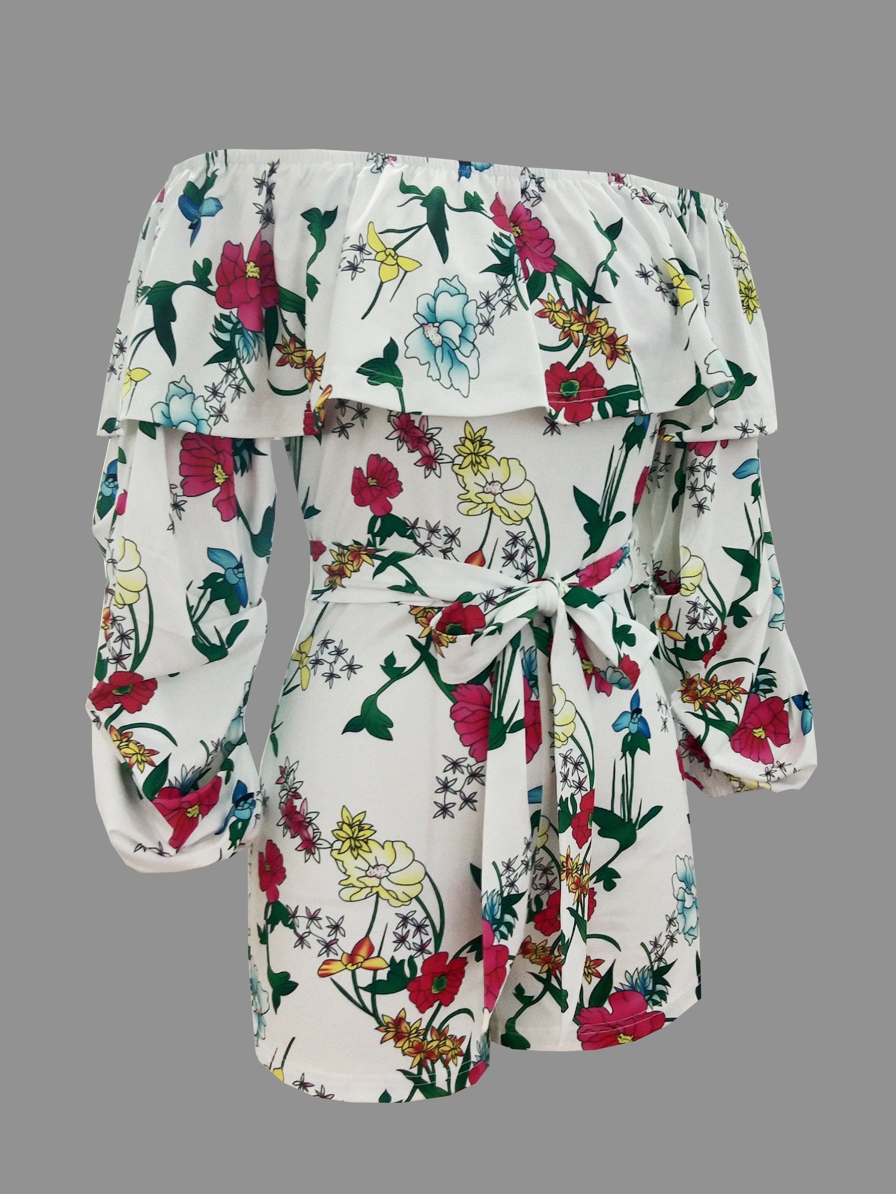 Floral Print Off Shoulder Romper Jumpsuit, Elegant Backless Tie Waist Ruffle Trim Skinny Romper Jumpsuit, Women's Clothing