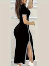 Contrast Trim Split Hem Bodycon Dress, Short Sleeve Crew Neck Casual Dress, Women's Clothing For Party Dressing
