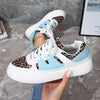 [Casual Elegance] Women's Fashionable Leopard Print and Light Blue Sneakers - Breathable, Comfortable Lace-Up Low Tops with White Soles, Ideal for Casual Wear, Tennis, and Outdoor Activities, Ladies Sneakers