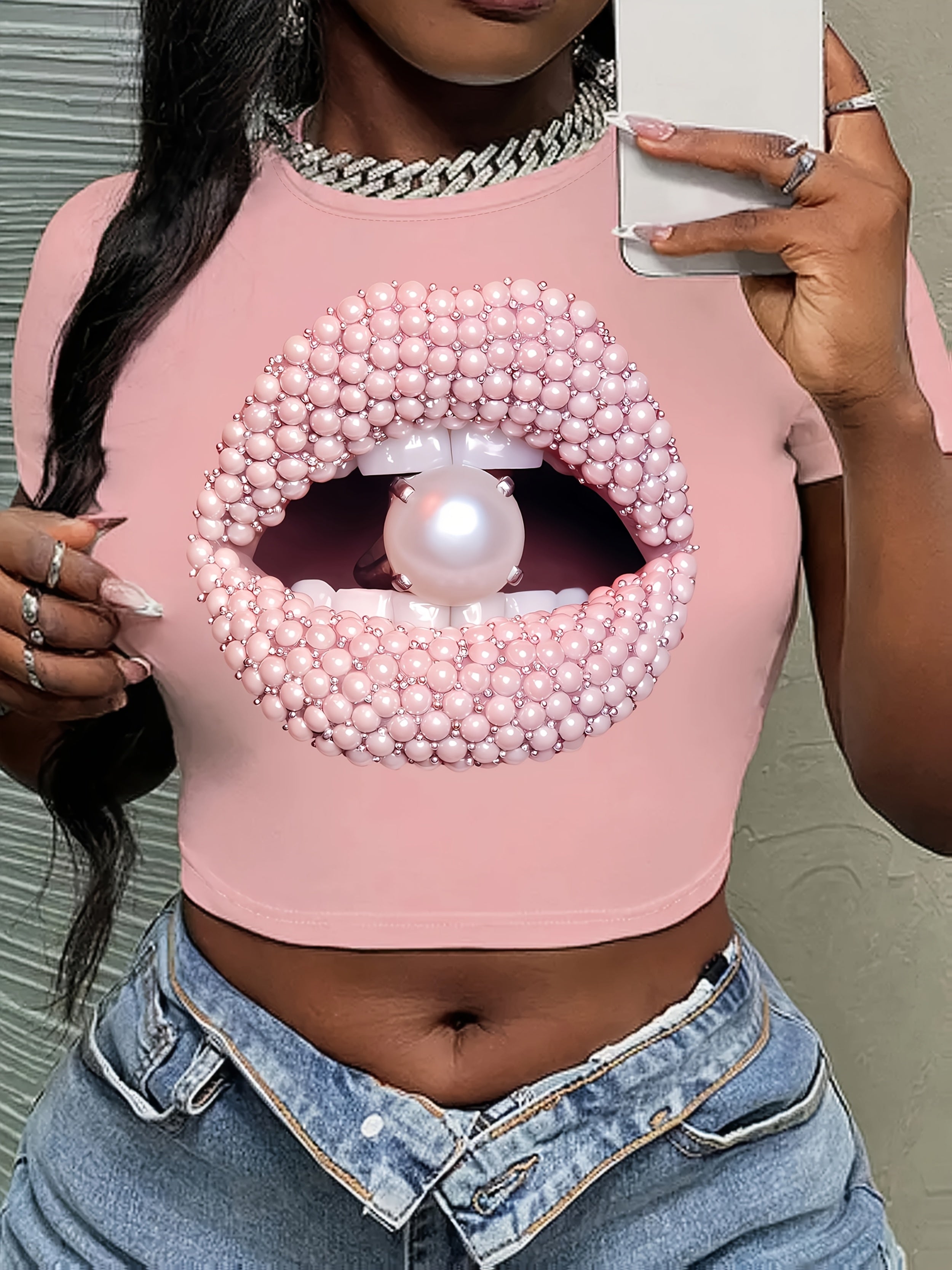 Y2K Short Sleeve Crew Neck Polyester Knit Fabric Medium Stretch T-Shirt, Regular Length, All Season, with Lips & Pearl Pattern, for Women