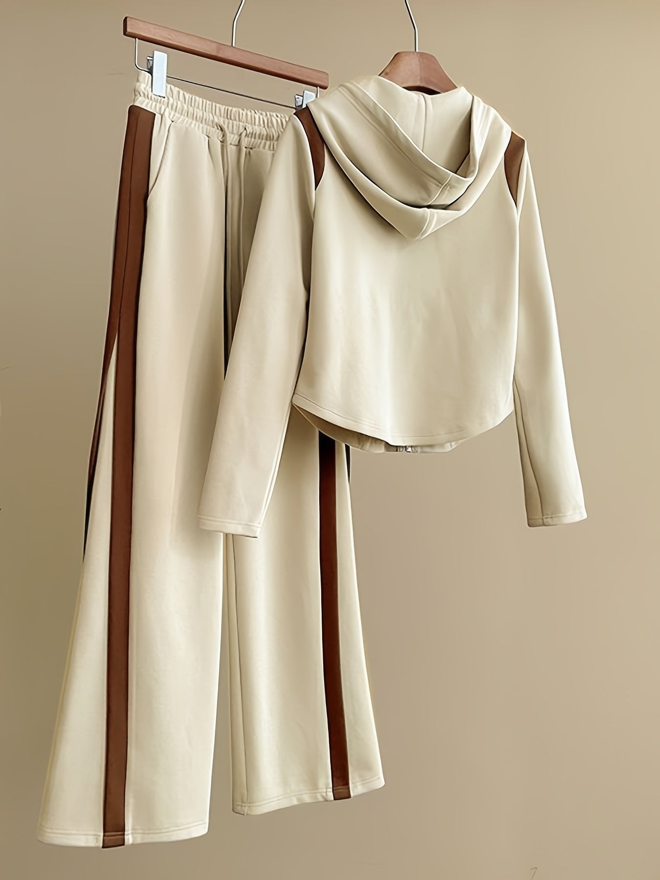 Women'S 2pcs Casual Sportswear Set, Fall 2025 Collection, Solid Color, Contrast Patchwork, Hooded Zip-Up Cardigan, Long Sleeve, Knit Fabric, Polyester 95%, Elastane 5%, Lightweight, 200g/m², Spring/Fall Collection