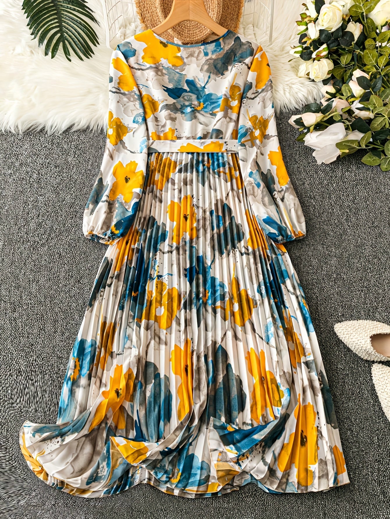 [Floral Print] Floral Midi Dress | 1pc | Polyester 100% | Regular Fit with Belt Detail, V-Neck, Lantern Sleeves, A-Line Flared Hem | Women's | All-Season