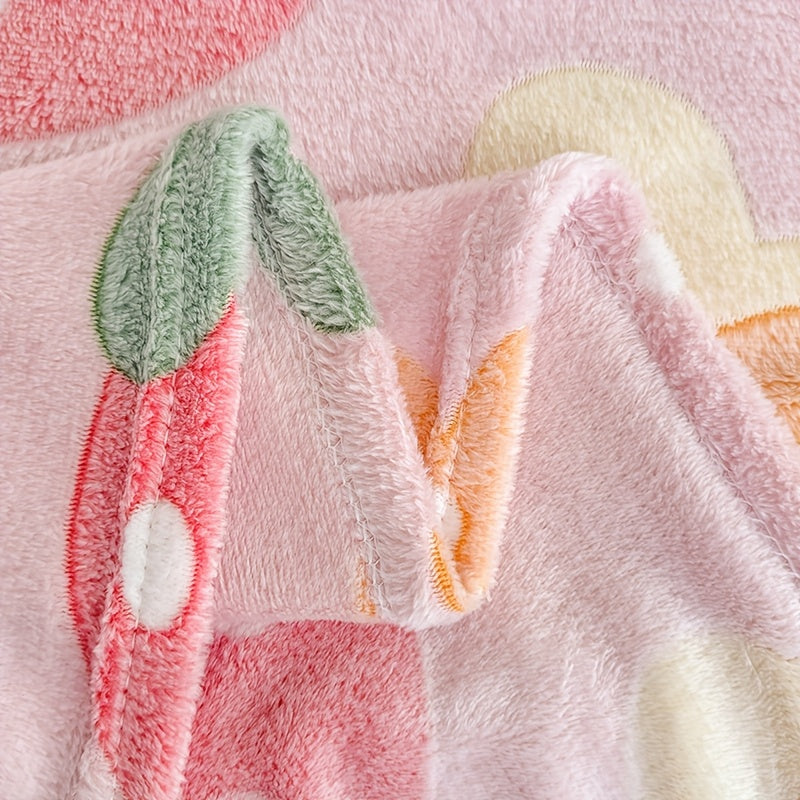 1pc Cozy Floral Flannel Throw Blanket - Soft, Light Beige-Friendly, Machine Washable, All-Season Comfort with Cute Pink Strawberry & Flower Design, Perfect for Bedroom or Nursery Decor