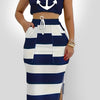 Women'S 2pcs Set, WH-S390480, Sleeveless Crop Top with Anchor Print, Striped Midi Skirt with Slit, Polyester Knit, Casual Round Neck, Spring/Summer Fashion Outfit