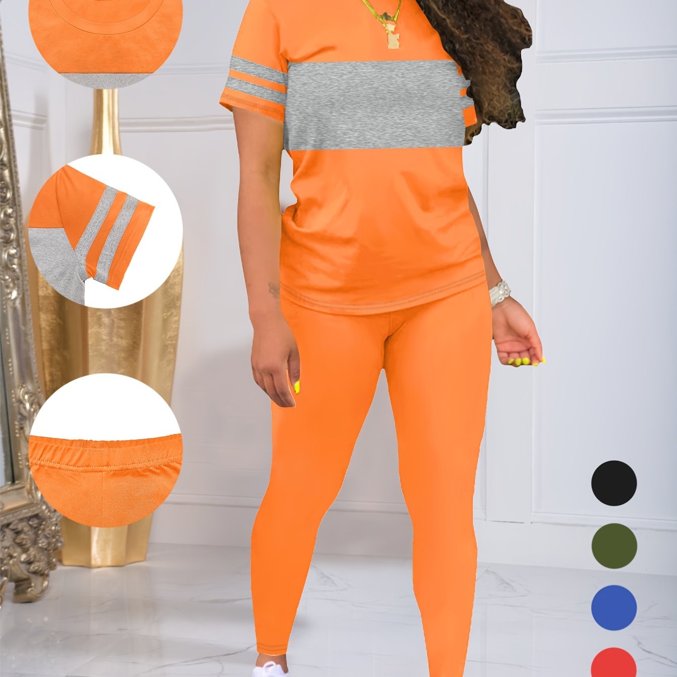 Women's Spring and Summer Round Neck Short Sleeve Top and Pants Set, Solid Color and Colorful Elastic Women's Set