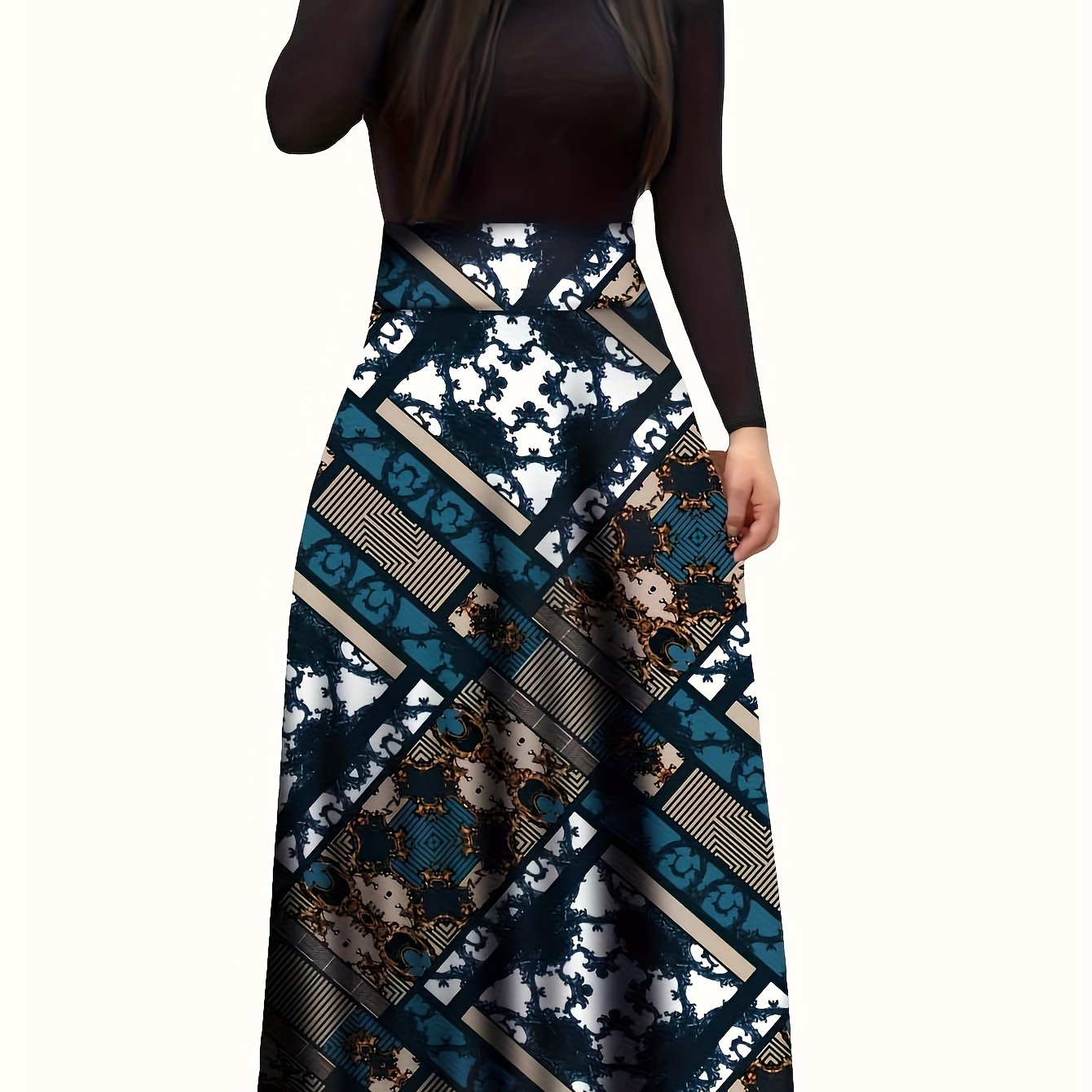 Stunning Floral Print Maxi Dress - Women's Elegant Long Sleeve Crew Neck Splicing Dress for Spring & Fall - Perfect for Various Occasions