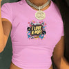 I Love K-Pop" Women's Y2K Fashion Crop Top T-Shirt - Vibrant Graphic Print, Soft Polyester & Spandex Blend, Stretchy, Machine Washable, Round Neck, Short Sleeve, Cute Shirts