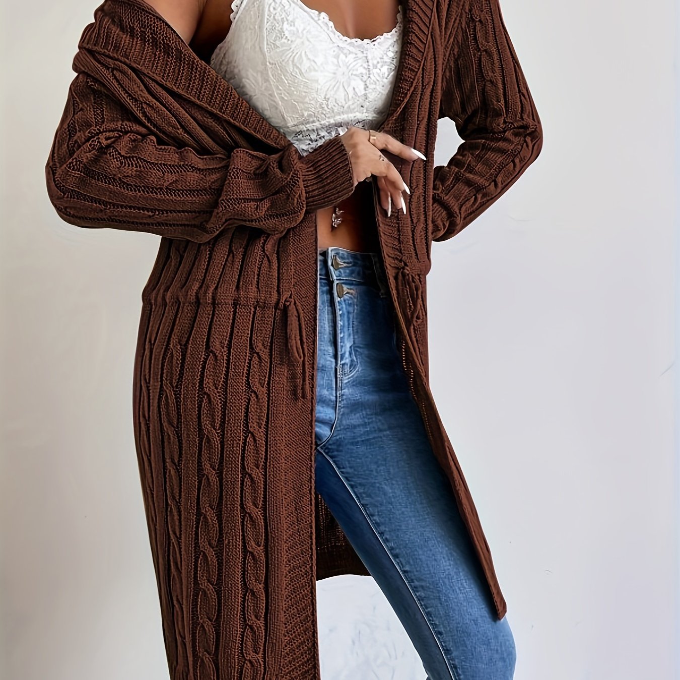 Cozy Chic Drawstring Waist Hooded Cardigan - Soft, Casual, Open Front, Long Sleeve, Relaxed Fit, Women's Clothing for Everyday Wear