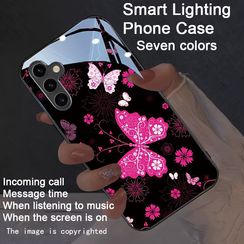 Butterfly Dancing with Flowers Colorful Smart Voice Controlled Luminous Phone Case Suitable for 16promax/15promax/14promax/13promax/12promax/11promax/XSmax/7G Smart Luminous Voice Controlled Phone Case - Luminous Technology,