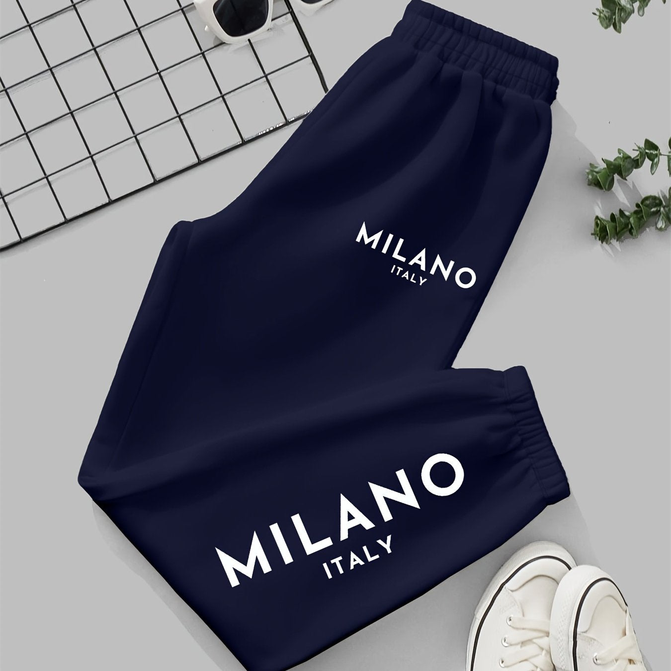Milano Italy Printed Women'S Jogger Pants, Casual Knit Polyester 100% Fabric, 190g/m², All-Season, with Pockets, Fashionable Long Jogging Trousers for Adult