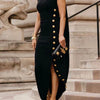 Women's Elegant Sleeveless Summer Dress with Irregular Slit & Golden Buttons - Lightweight Semi-Sheer Loose Fit Round Neck Long Dress, Machine Washable Solid Color for Casual or Formal Occasions, Cute Summer Dresses