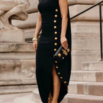 Women's Elegant Sleeveless Summer Dress with Irregular Slit & Golden Buttons - Lightweight Semi-Sheer Loose Fit Round Neck Long Dress, Machine Washable Solid Color for Casual or Formal Occasions, Cute Summer Dresses