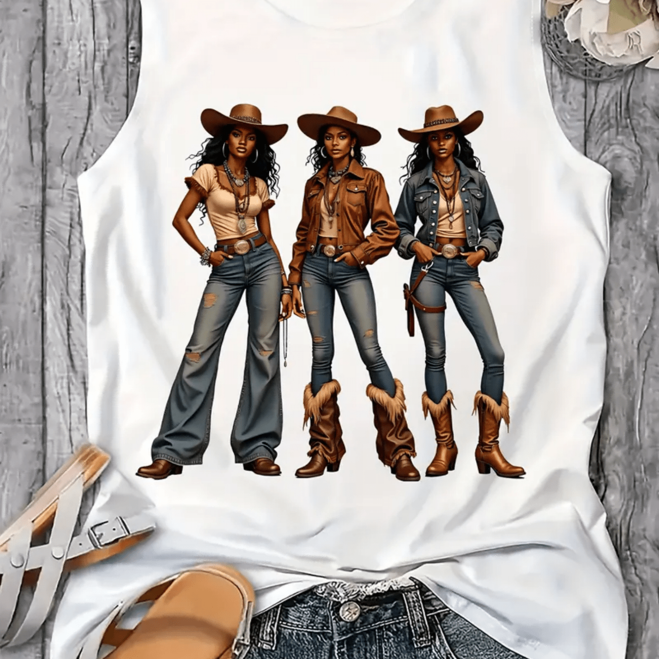 Western Style Denim Printed 160G Women'S Casual Round Neck Vest, Spring And Summer Women'S Vest, Simple Design, Machine Washable, Surprise Gift for Valentine'S Day, New Year And Other Holiday Atmospheres