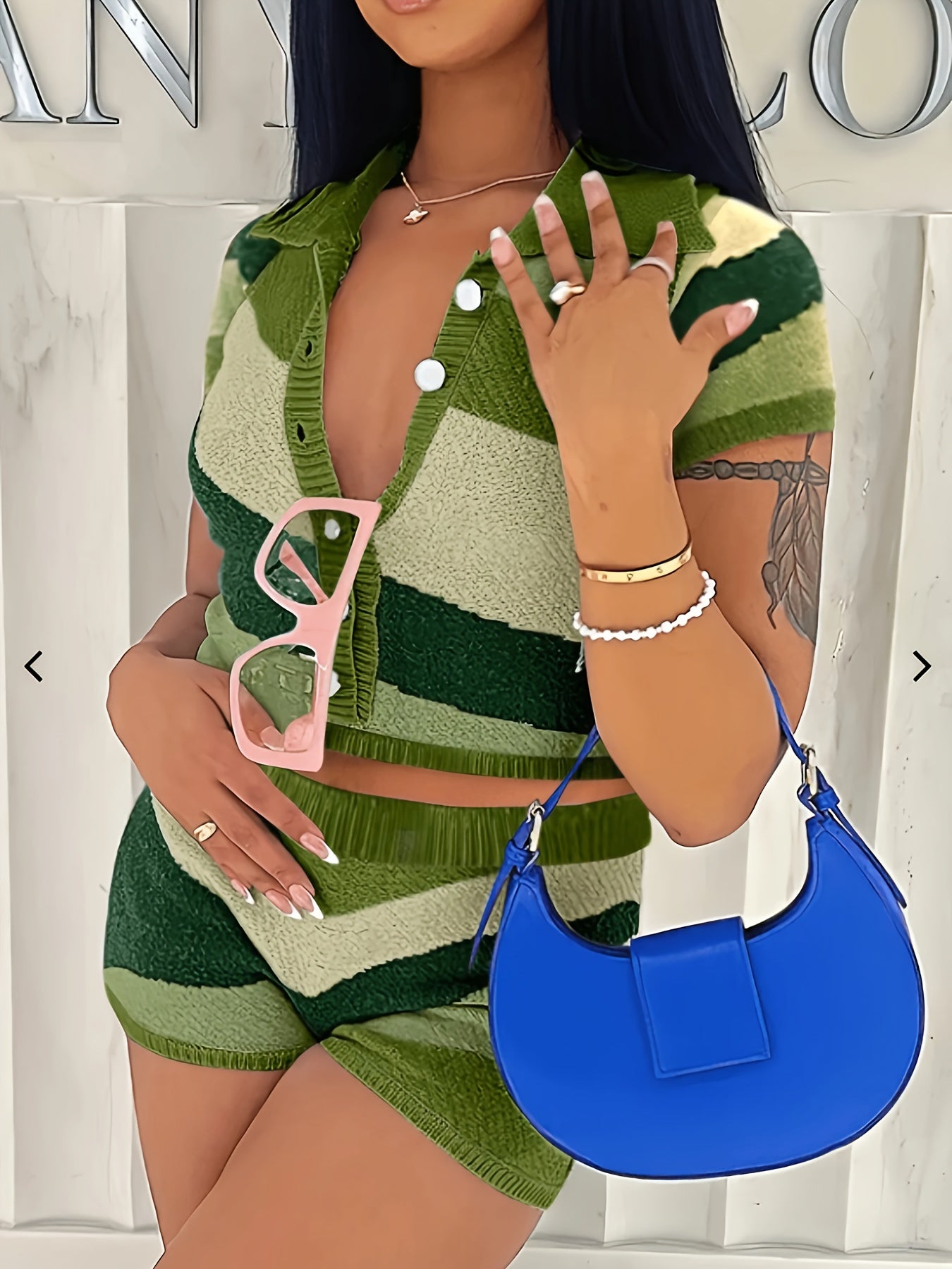 Versatile Comfort, Y2K-Inspired Color Block Two-Piece Set for Women - Button Front Collared Top & Shorts, Stretchy Polyester Blend, Machine Washable
