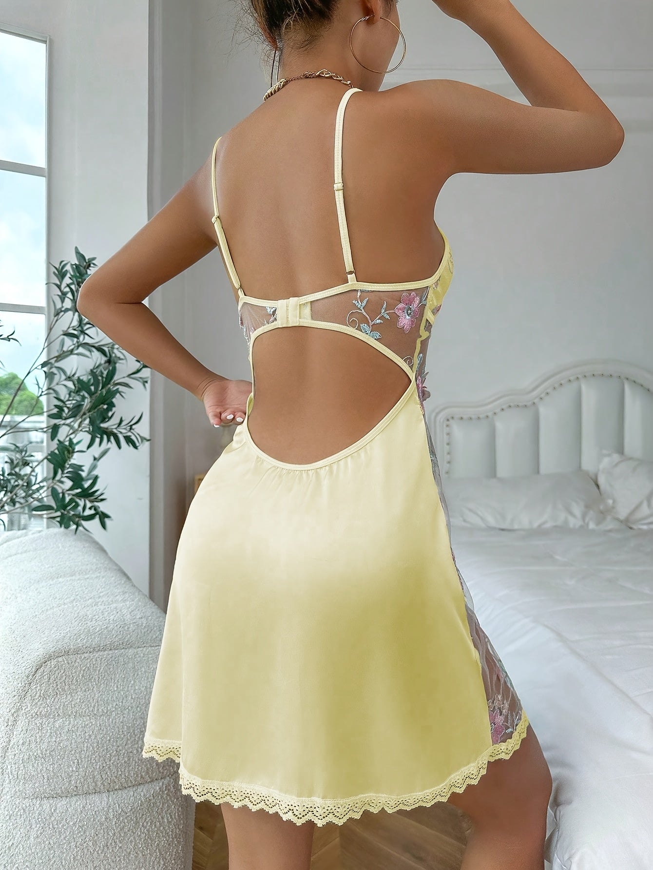 Sexy Pajama Set with Patchwork and Embroidery Nightgown and Thong 2pcs Set
