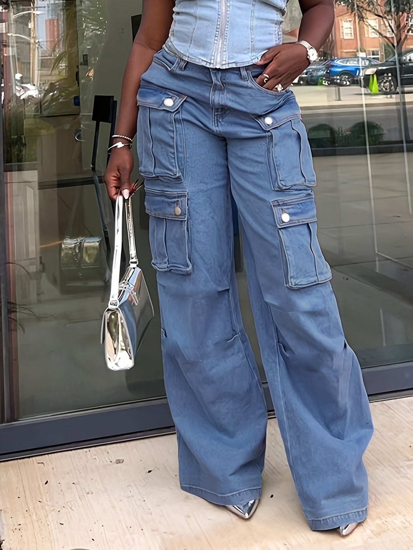 Ladies' Fashionable Retro Y2K Work Pants, High Waist Loose Wide Legs, Pockets, Comfortable Casual Style, Street Fashion Denim Pants
