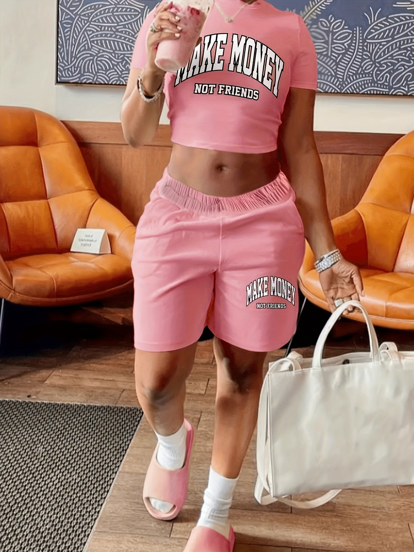 [Two-piece Make Money Print Set] Make Money Print T-shirt & Shorts Two-piece Set, Cropped Short Sleeve T-shirt & Elastic Waist Loose Shorts Set, Women's Clothing
