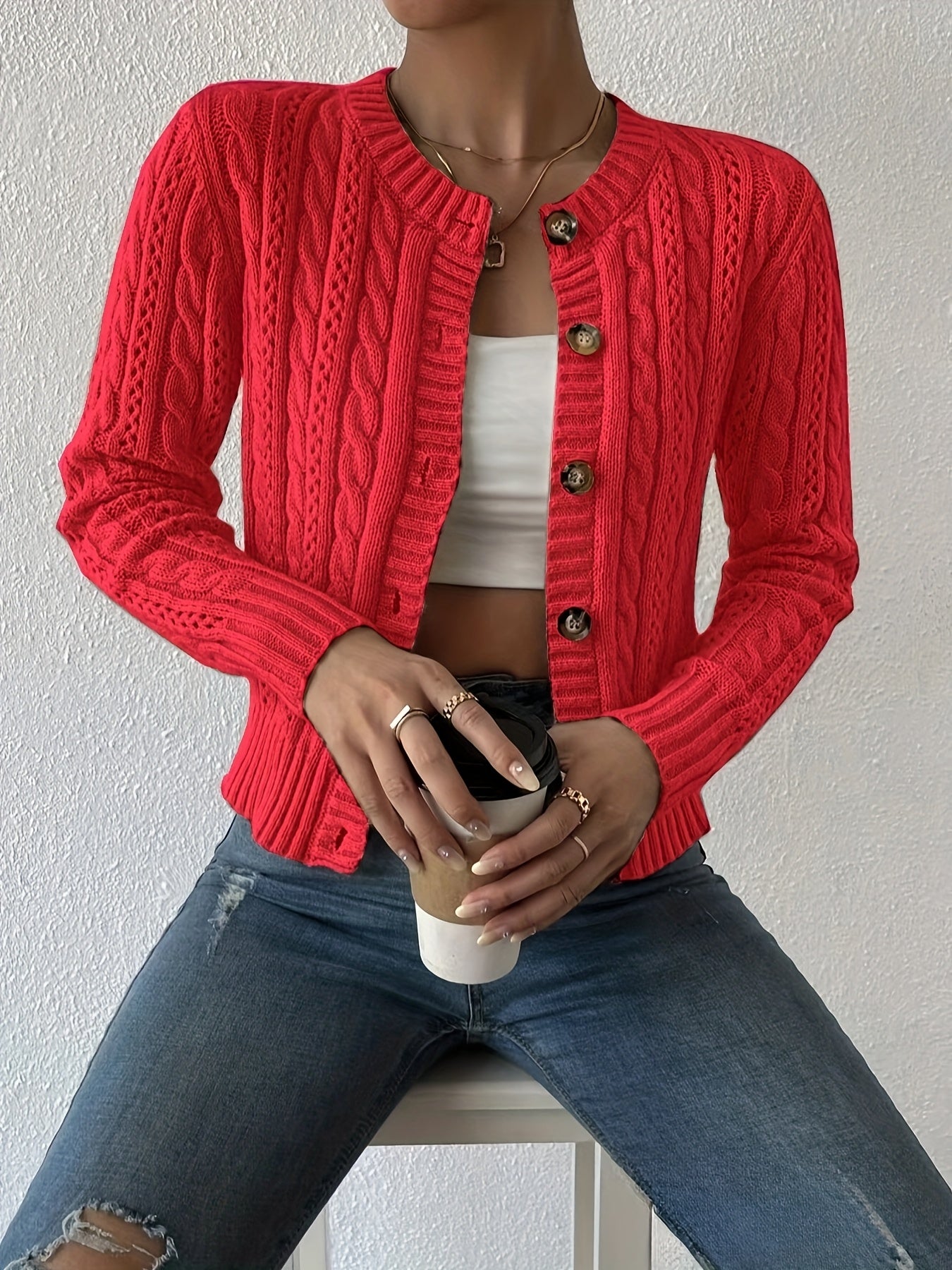 Mesh detail cable knit cardigan sweater