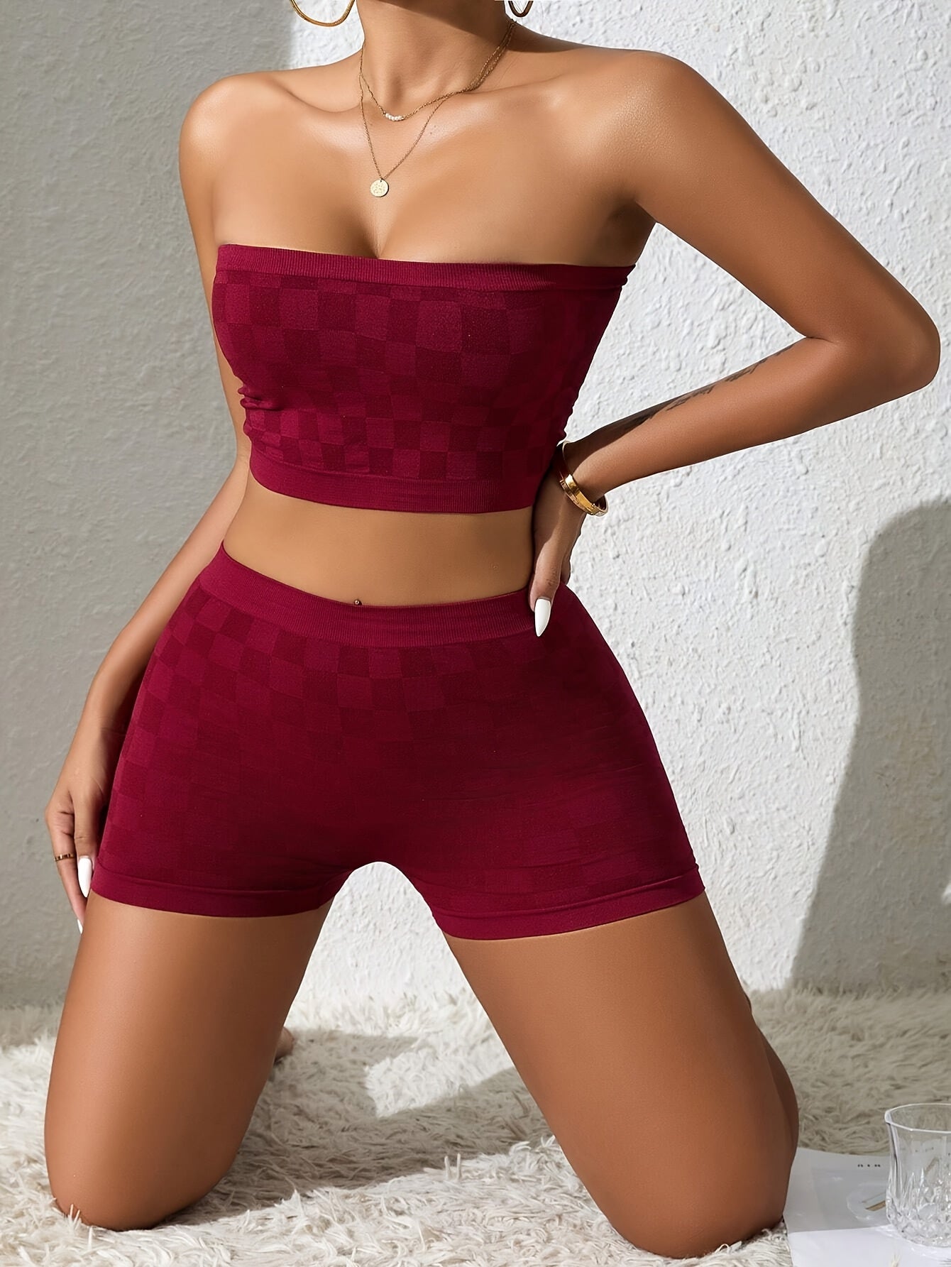 Women's Fashion Plaid Tube Top and Shorts Set, Simple Valentine's Day Gift