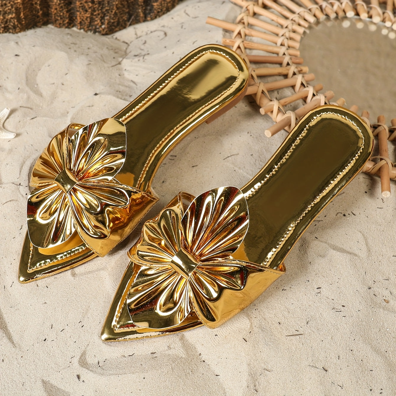 Women'S Golden Pointed Toe Mules with Bow Detail - Slip-On Flat Sandals, Synthetic Upper, TPR Sole, All-Season Comfort Shoes, Fashionable Footwear|Elegant Footwear|Synthetic Sandals