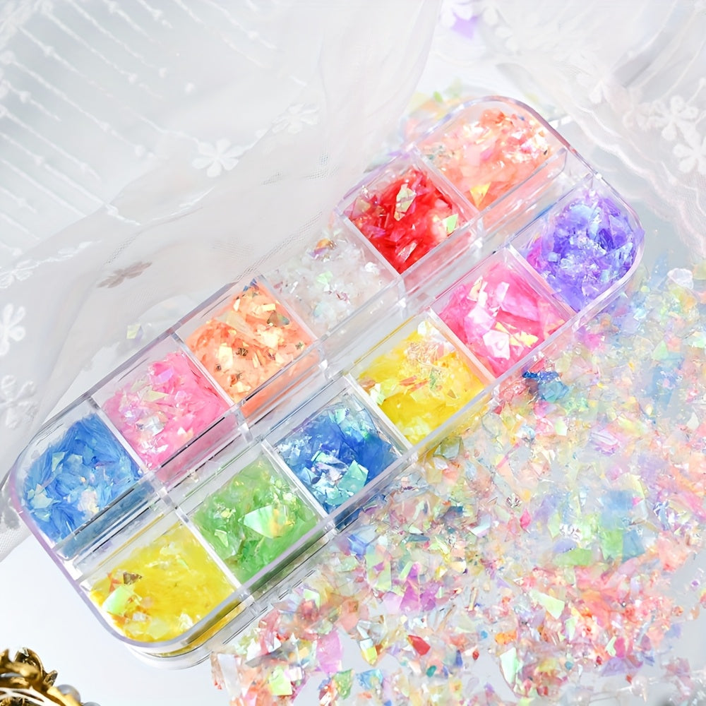12Grid Nail Art Sequins - Ultra-Thin Large Sequins, Luminous Irregular Cut Glitter Pieces Holographic Rainbow Colors for Sparkly Manicures
