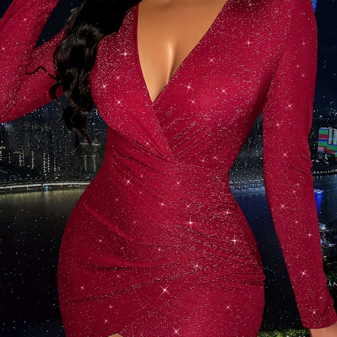 Sexy Hollowed-out Collar Pleated Glitter Detail Mini Dress for Women Suitable for Dates and Parties