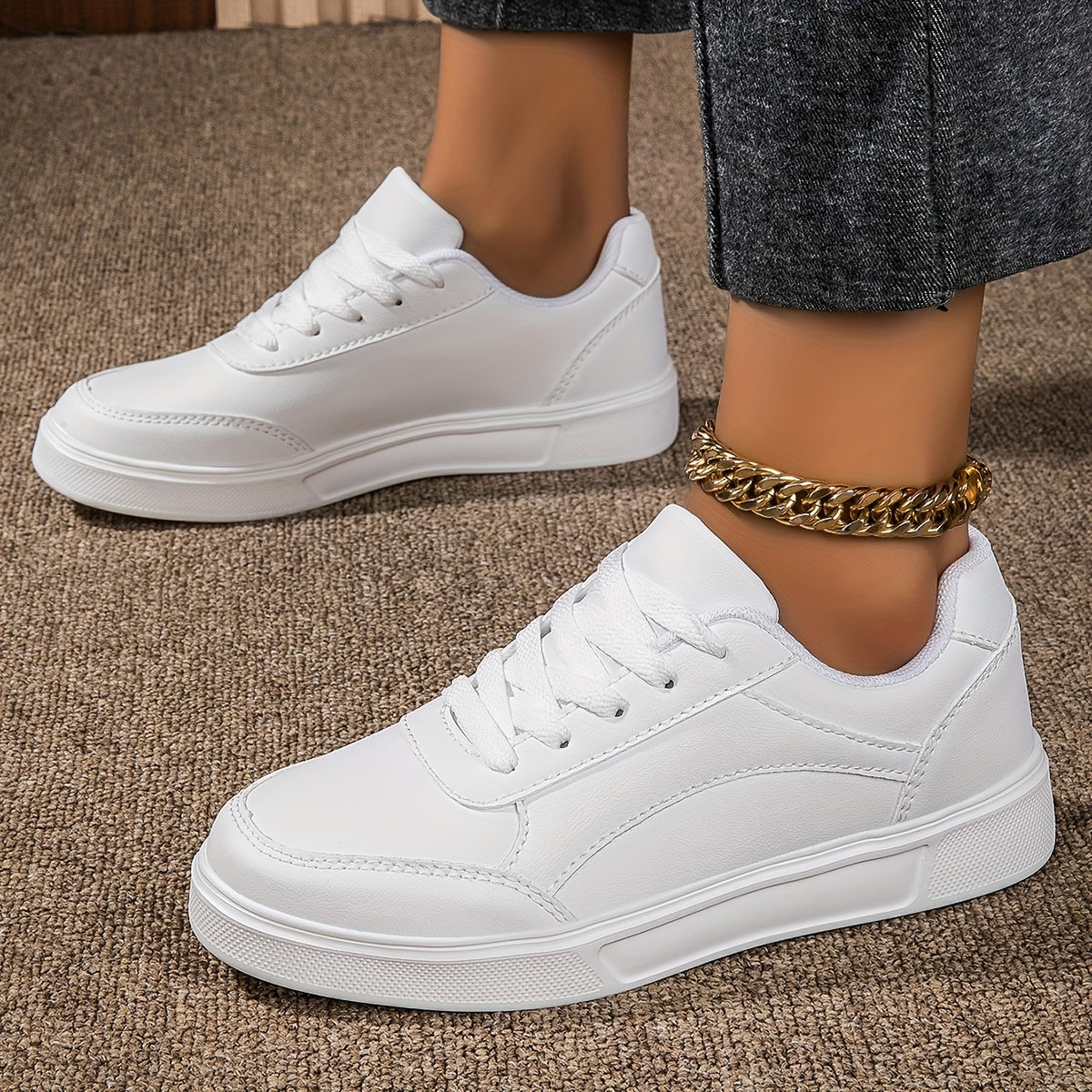 Women'S Stylish White Sneakers with Golden Accents - Casual Lace-Up Athletic Shoes for Outdoor Activities, Casual Wear, and Skateboarding, Casual Athletic Shoes | Trendy Casual Shoes | Durable Athletic Footwear