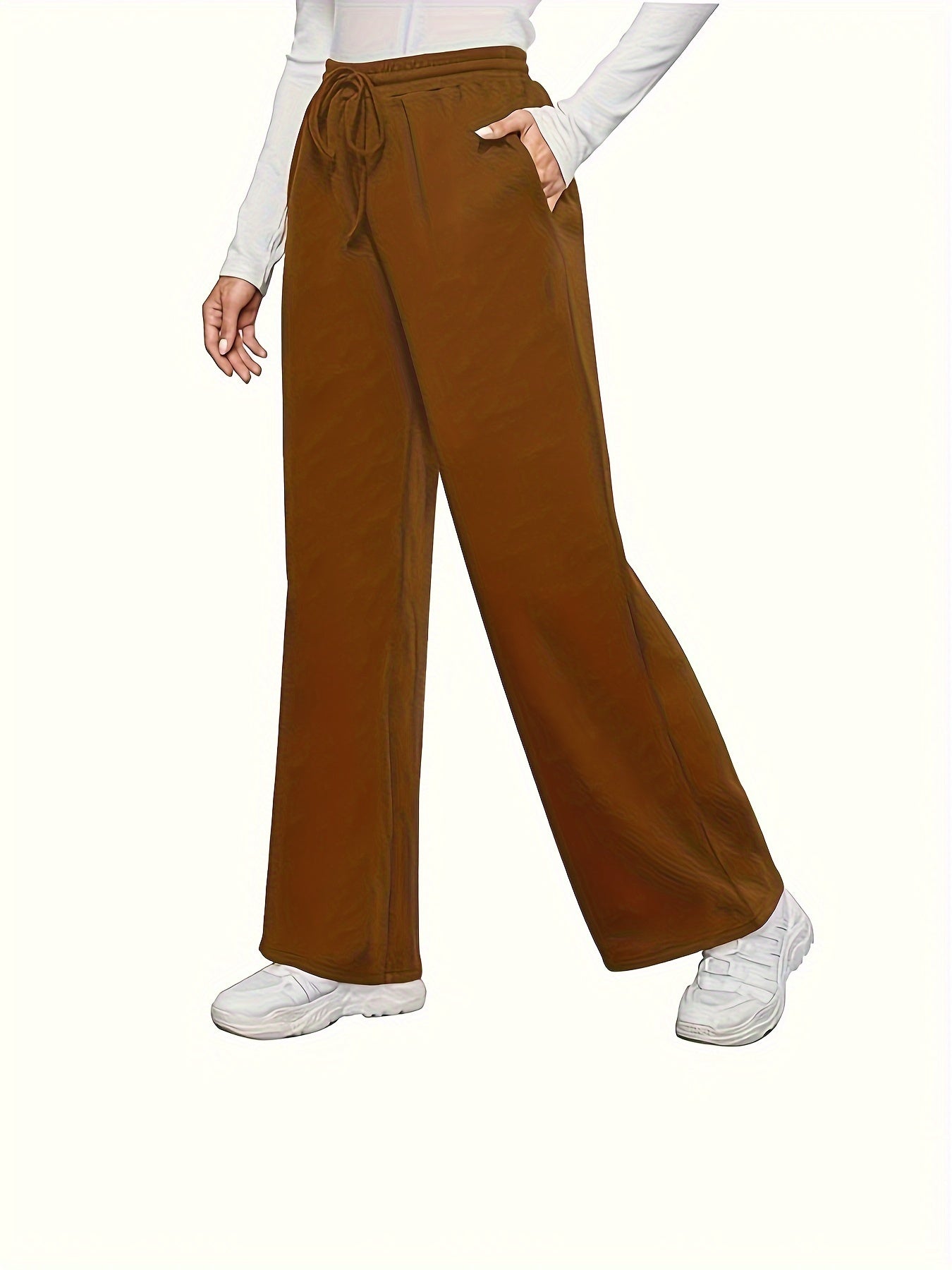 Women's Brown Drawstring Joggers - Casual & Comfy Polyester Sweatpants with Pockets, Mid-Rise, All-Season Wear
