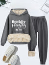 Cozy Plush Letter Print Hoodie & Pants Set for Women - Casual Knitwear, Machine Washable, Perfect for Fall/Winter