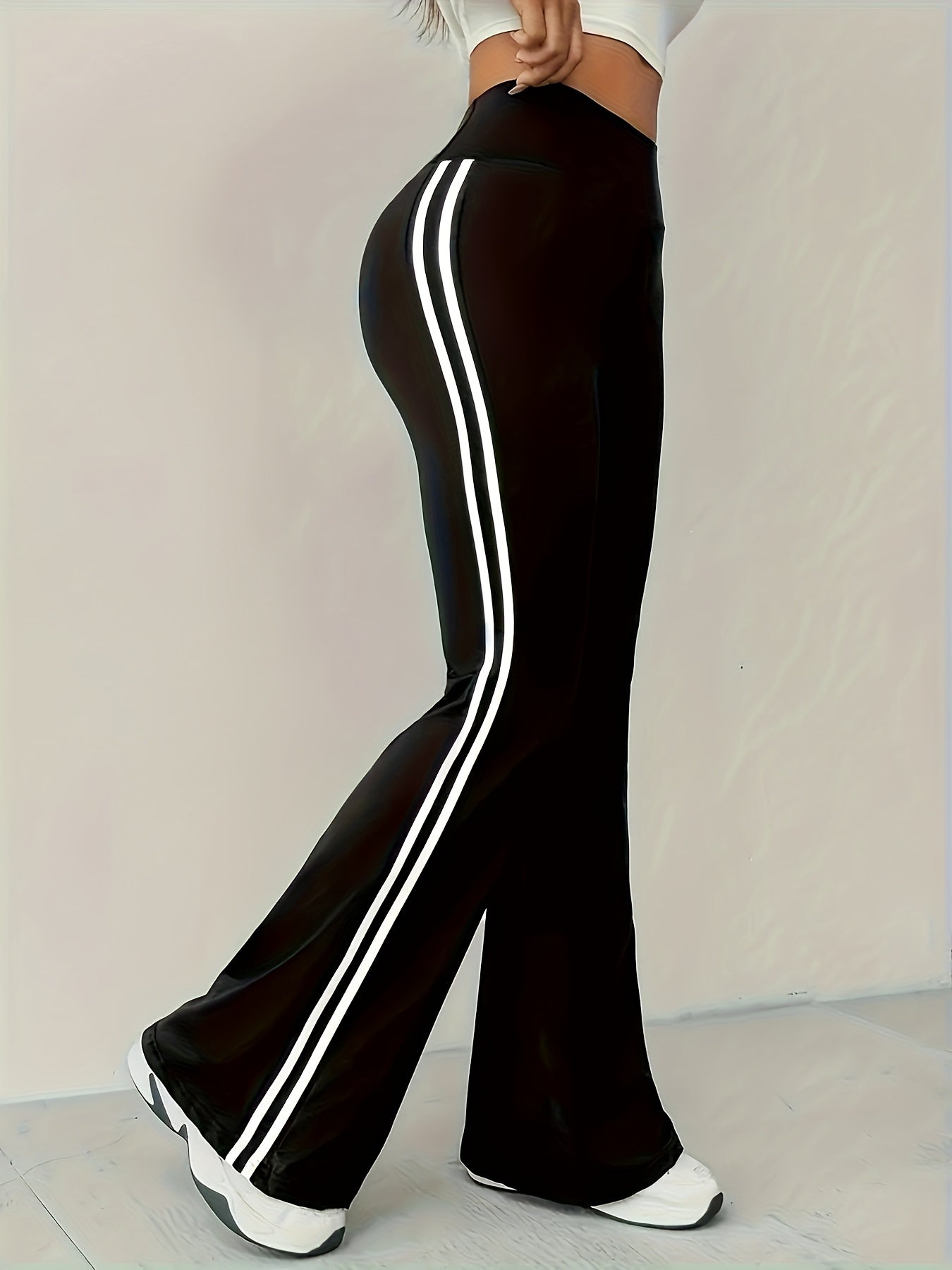 Women's High-Waist Tummy Control Maroon Flare Pants with White Stripe Detail - Stretchy Polyester/Elastane Blend, Machine Washable, Casual Sporty Bell Bottoms
