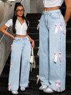 Chic Women's Straight-Leg Wide-Leg Denim Jeans with Pink Bow Accents - Comfortable Micro-Elastic Waist, Elegant Light Blue Denim Trousers, Machine Washable, Plus Size Jeans