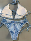 2 Piece Faux Denim Print Triangle Bikini Set - Tie Strap Halter Backless Design, Adjustable Straps, Ruffled Trim, Women's Swimwear & Clothing for Summer Beach Vacation