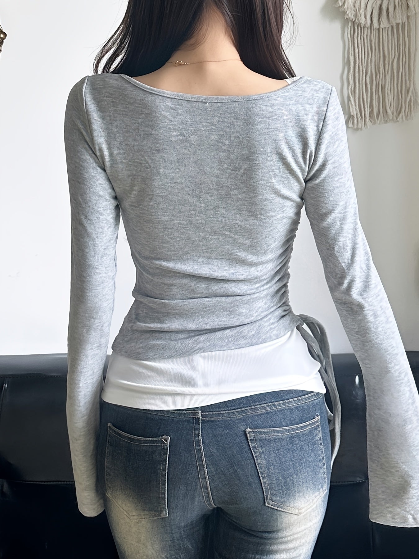 SassyGals 2-Piece Autumn Outfit – Knitted Long Sleeve T-Shirt & Lace Strap Tank Top with Drawstring Waist (Square Neck, No Stretch)